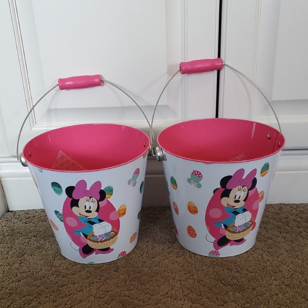 Set of 2 Minnie Mouse Easter Buckets Pails Hunt Party Prizes Treats  metal NEW